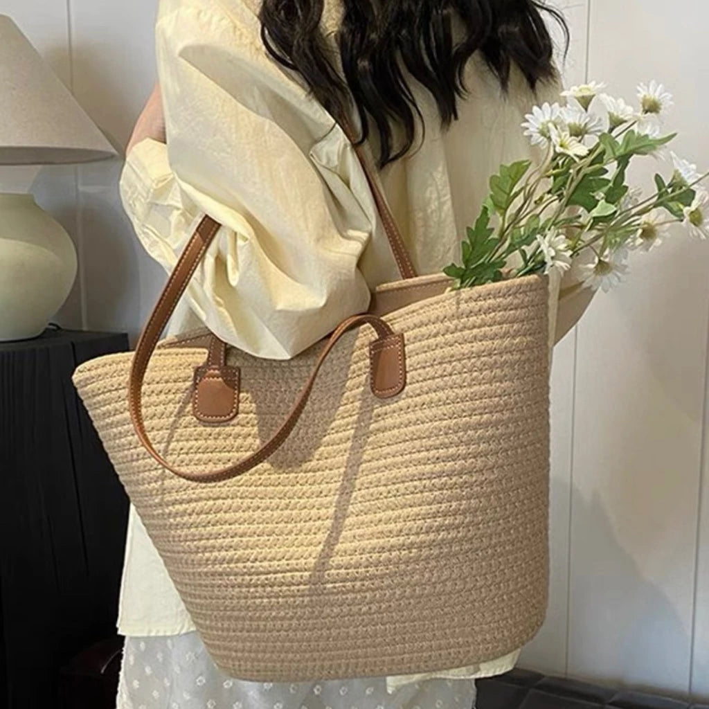 Luxury Beige Straw Tote Bag - Summer Beach