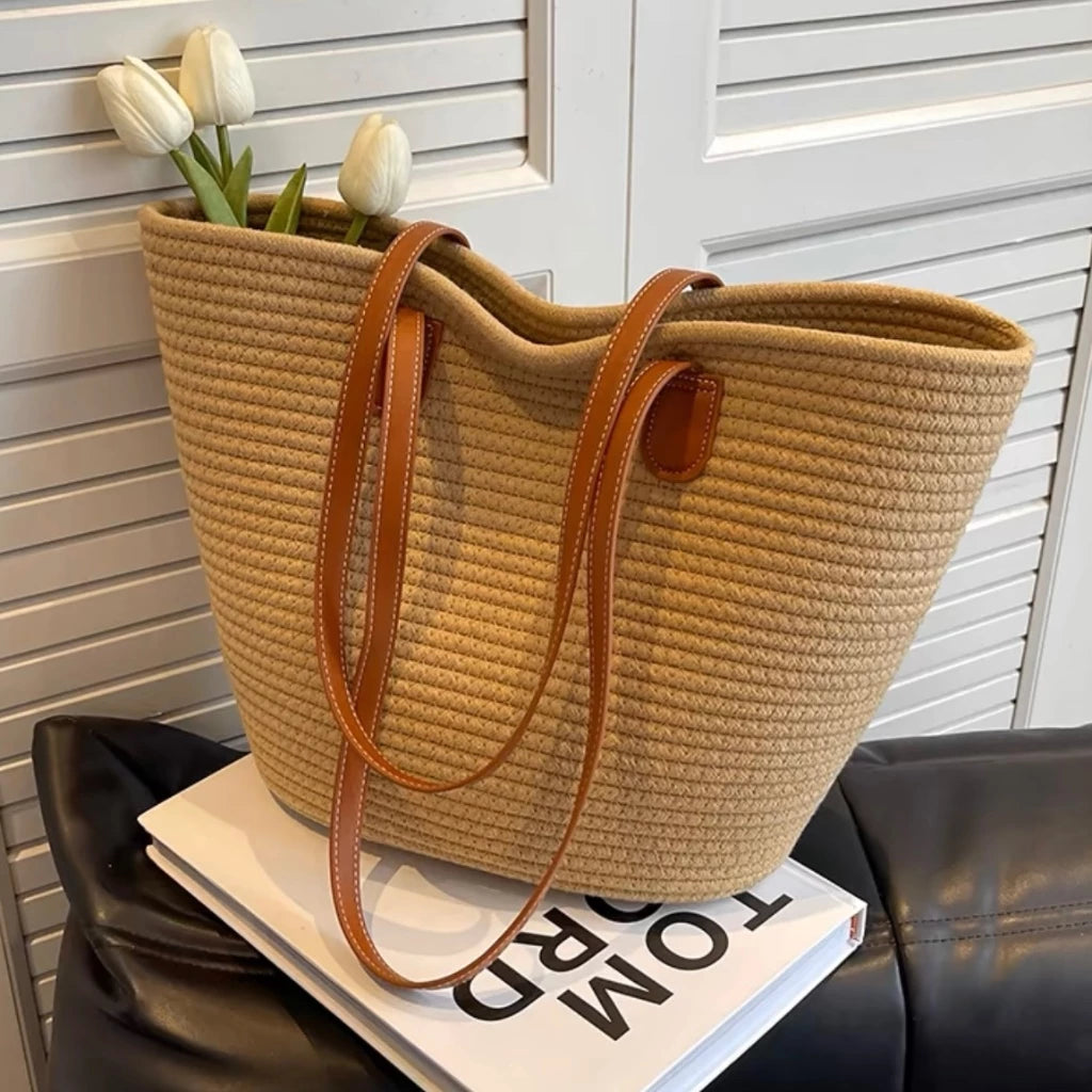 Luxury Caramel Straw Tote Bag - Summer Beach