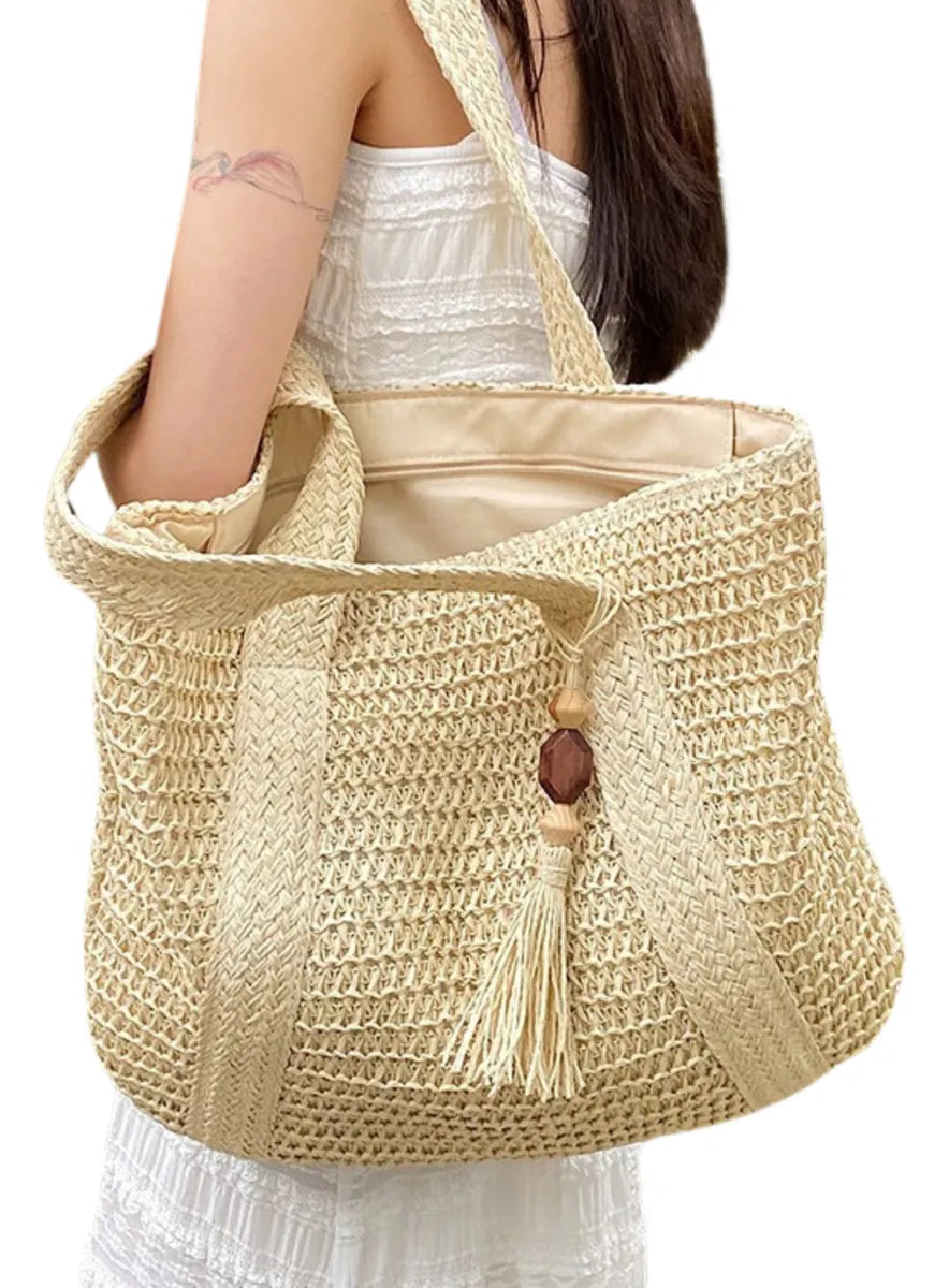 Luxury Large Beige Straw Tote Bag - Summer Beach