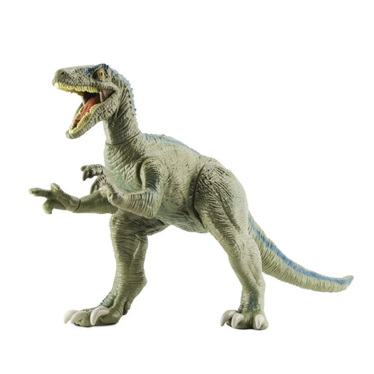 Articulated gray Velociraptor toy with blue stripe and open mouth showing teeth.