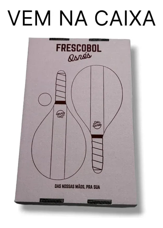 Osnós Frescobol paddle racket box with simple black line art on light pink background.