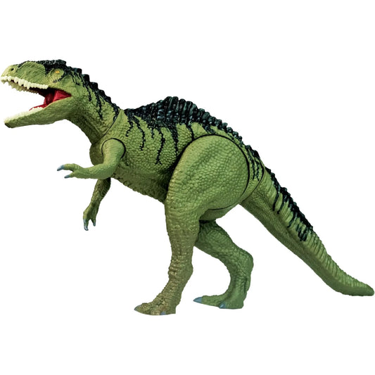 Green and black articulated Giganotosaurus dinosaur figure with open mouth and textured skin.