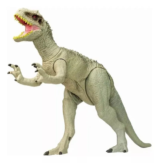 Light gray articulated Indominus Rex dinosaur figure with open mouth and sharp teeth.