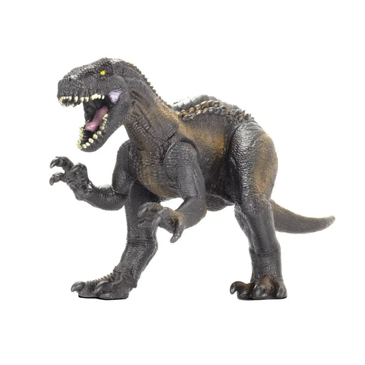 Black and gray Indoraptor dinosaur figure with articulated limbs and yellow eyes.