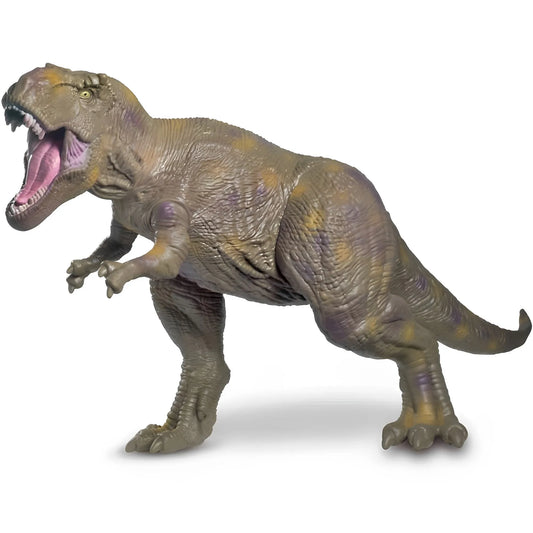 Brown and yellow articulated T-Rex dinosaur figure with open mouth and detailed textured skin.