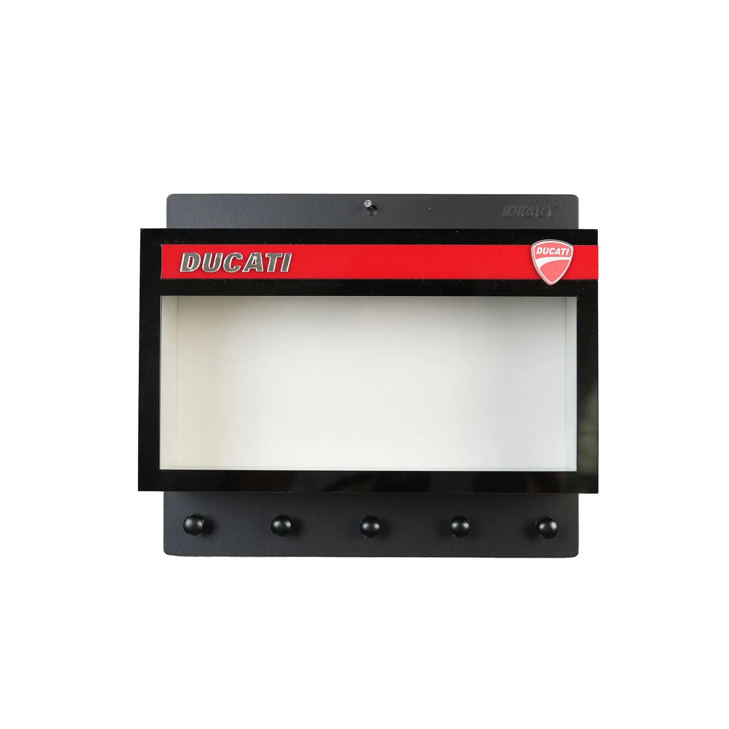 Black rectangular Ducati wall key hook rack with a clear front display case and five rounded hooks below.
