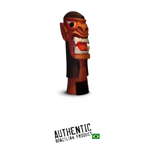 Tall carved wooden figure with fierce red and white painted face and open mouth, Brazilian folklore style.