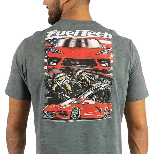 Gray t-shirt with colorful graphic of a red Corvette C8 and engine parts, FuelTech logo above.