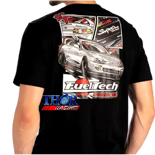 Black t-shirt featuring a detailed graphic of a silver sports car with FuelTech and Thor Racing logos on the back.