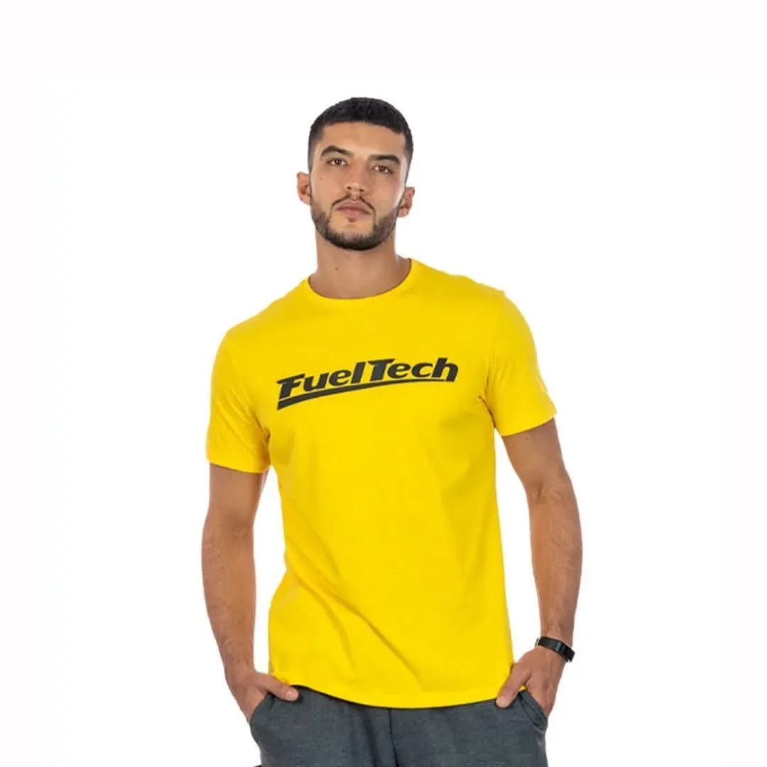 Bright yellow short-sleeve t-shirt with black FuelTech logo across chest.