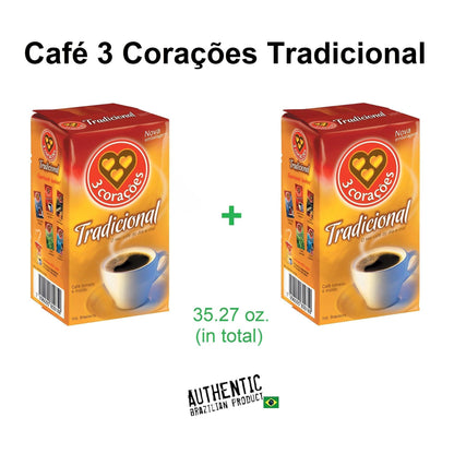 3 Coracoes Traditional Coffee Vacuum Sealed 17.64 oz (Pack of 2) - Brazilian Shop
