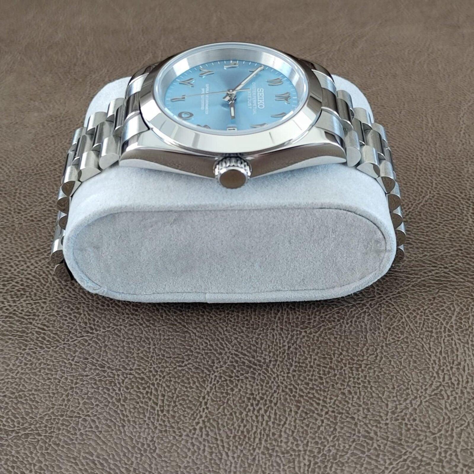 Seiko NH35 Datejust 39mm Ice Blue Arabic Dial (Smooth Bezel and President Strap) - Brazilian Shop