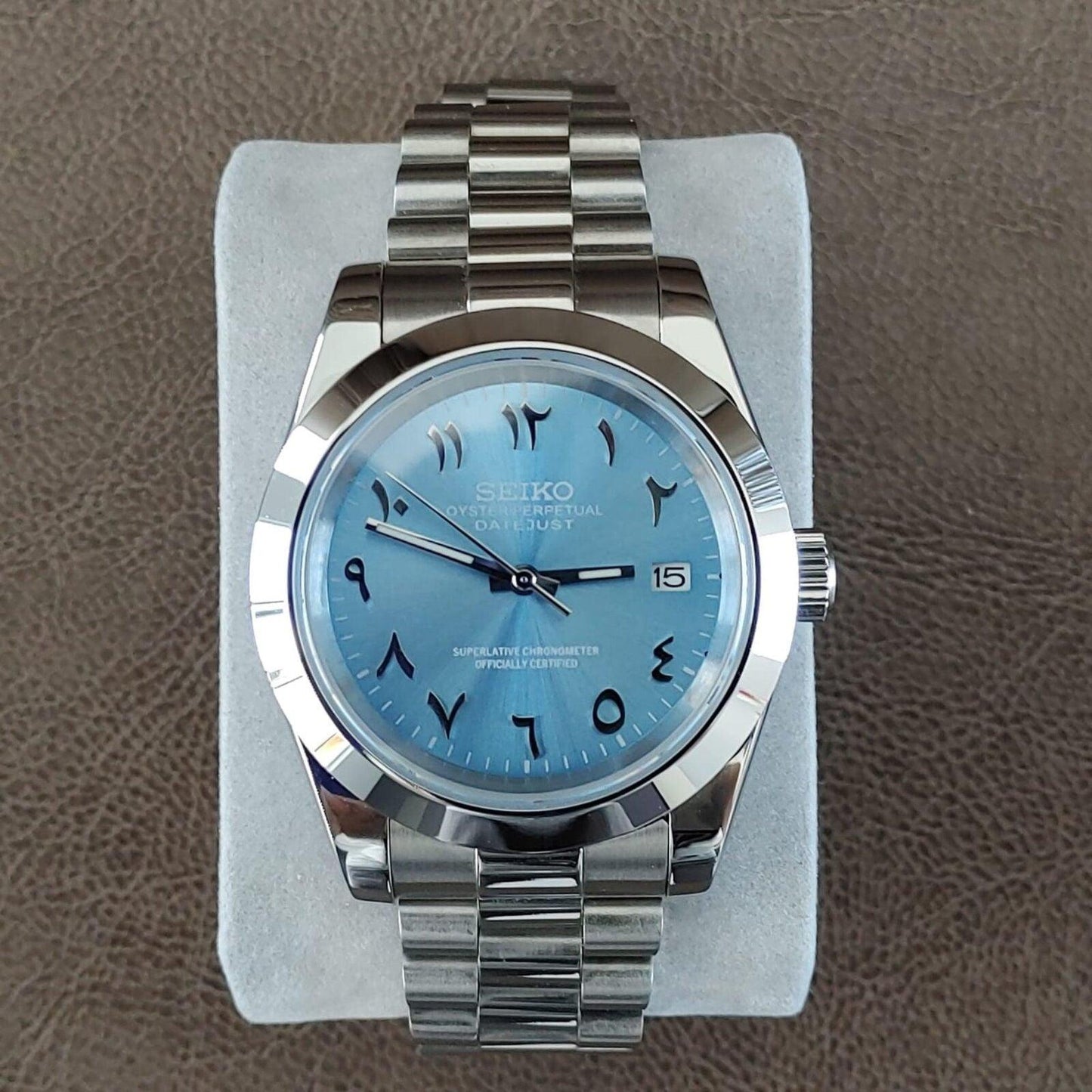 Seiko NH35 Datejust 39mm Ice Blue Arabic Dial (Smooth Bezel and President Strap) - Brazilian Shop