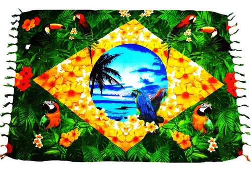 Canga Brazil Flag Flowers Birds Amazonia - Brazilian Beach Towel