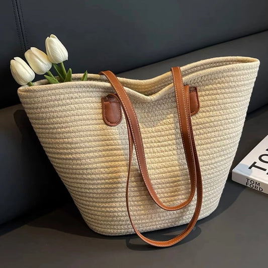 Luxury Beige Straw Tote Bag - Summer  Beach