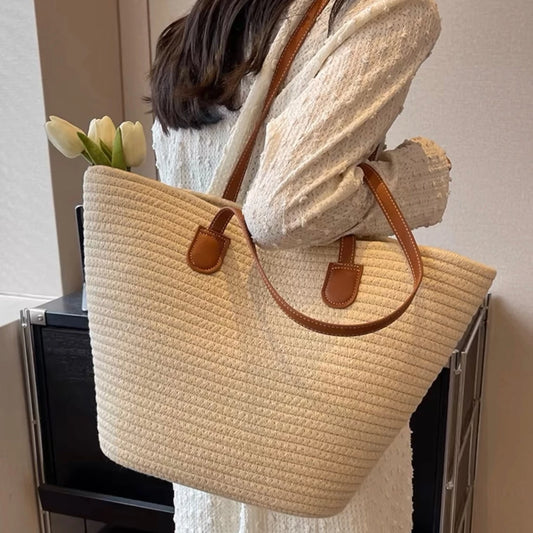 Luxury Beige Straw Tote Bag - Summer  Beach