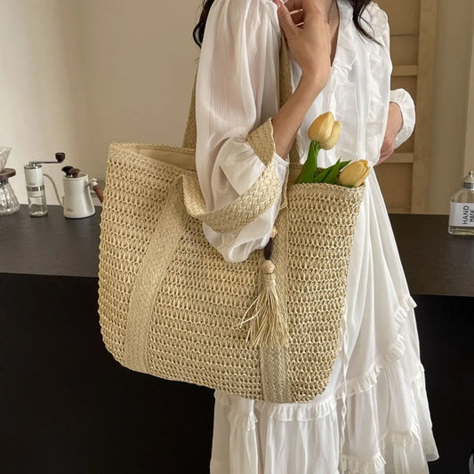 Luxury Large Beige Straw Tote Bag - Summer  Beach