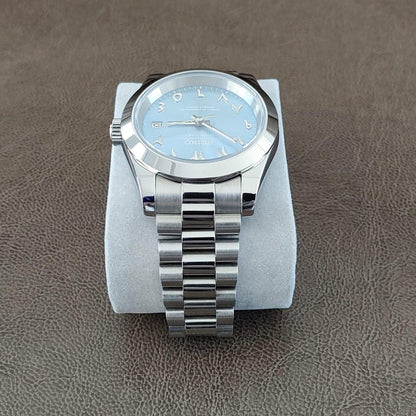 Seiko NH35 Datejust 39mm Ice Blue Arabic Dial | President Strap - Brazilian Shop