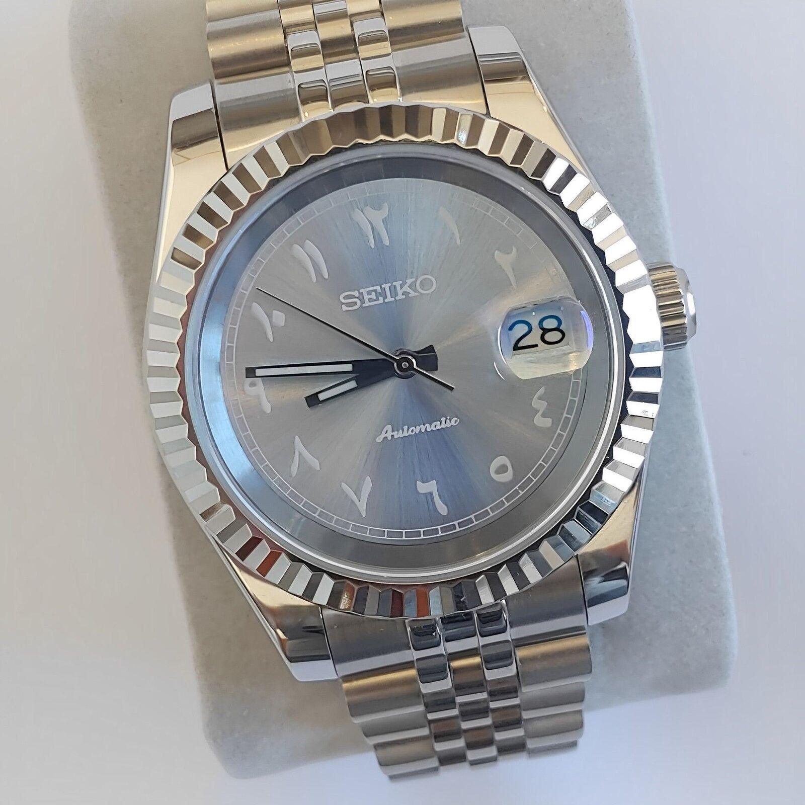 Seiko NH35 Datejust 39mm Platinum Ice Blue Arabic Dial | Fluted Bezel | Jubilee - Brazilian Shop