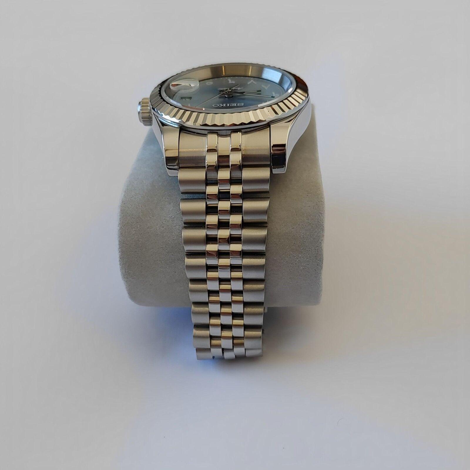 Seiko NH35 Datejust 39mm Platinum Ice Blue Arabic Dial | Fluted Bezel | Jubilee - Brazilian Shop