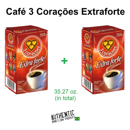 3 Coracoes Extra Strong Coffee Vacuum Sealed 17.64 oz (Pack of 2)