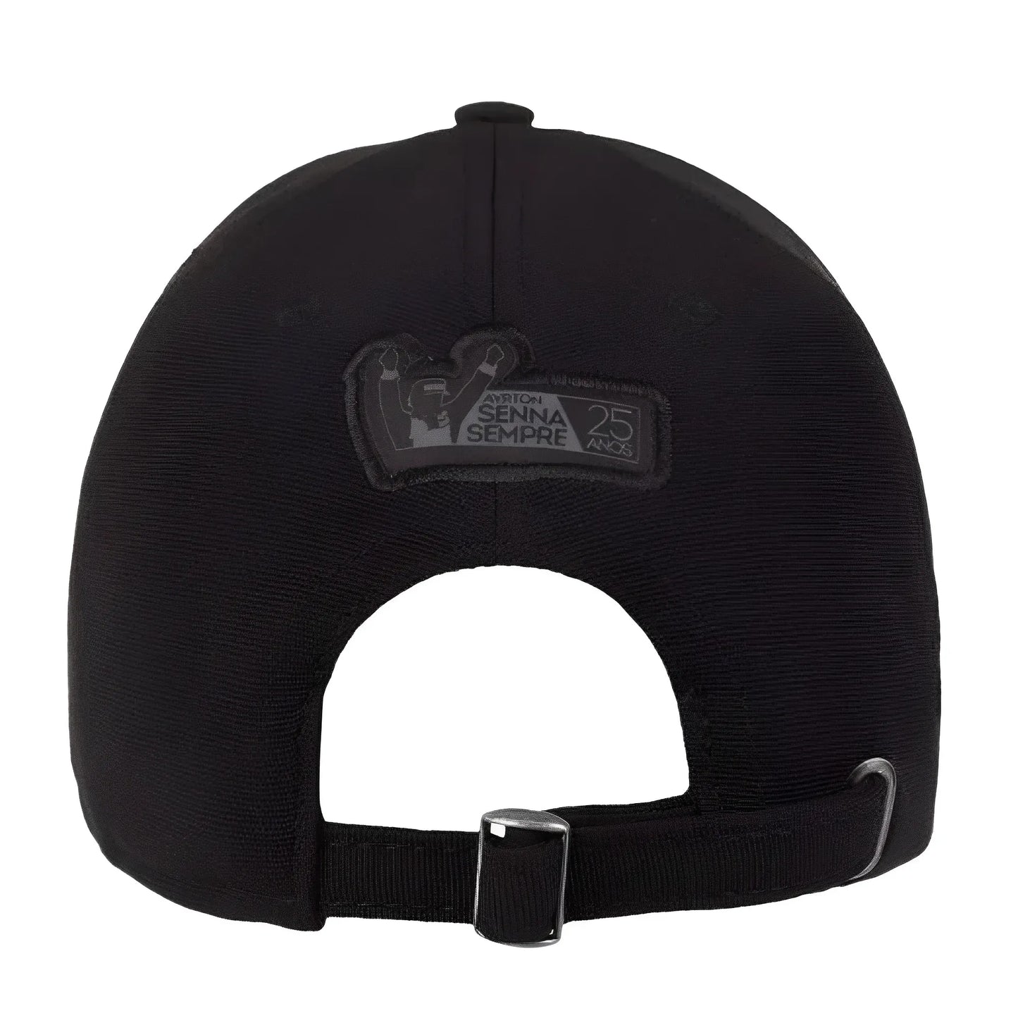 Black adjustable cap with metal buckle and embroidered Ayrton Senna logo on back strap.