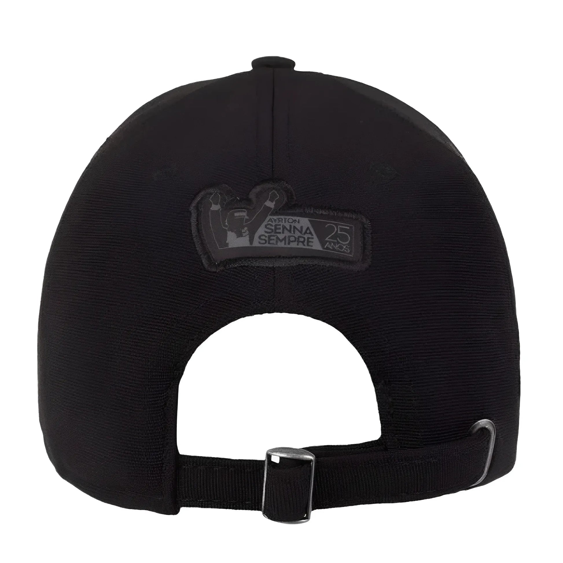 Black adjustable cap with metal buckle and embroidered Ayrton Senna logo on back strap.