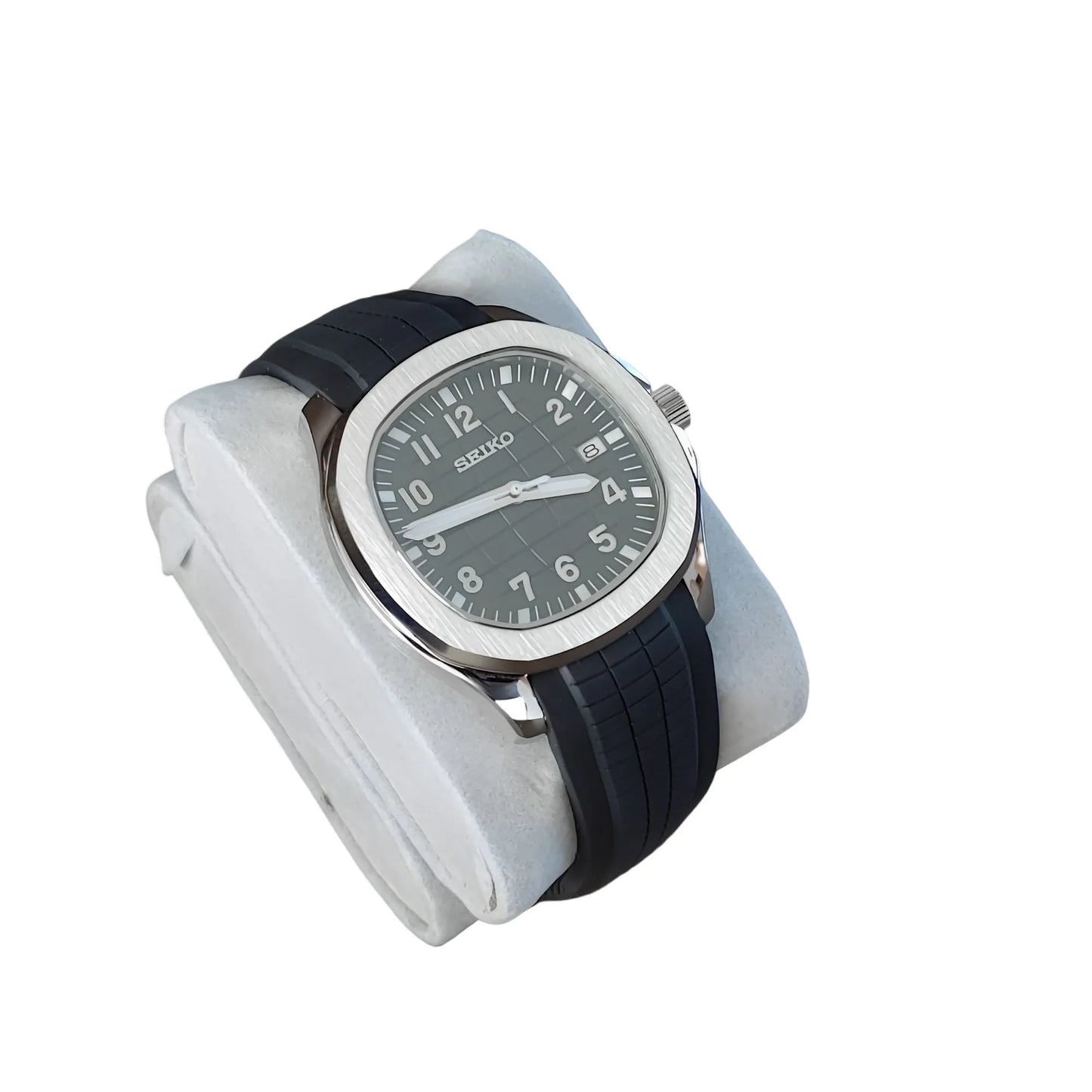 Seiko Aquanaut watch with 40mm silver stainless steel case, black dial, white numerals, and black rubber strap.