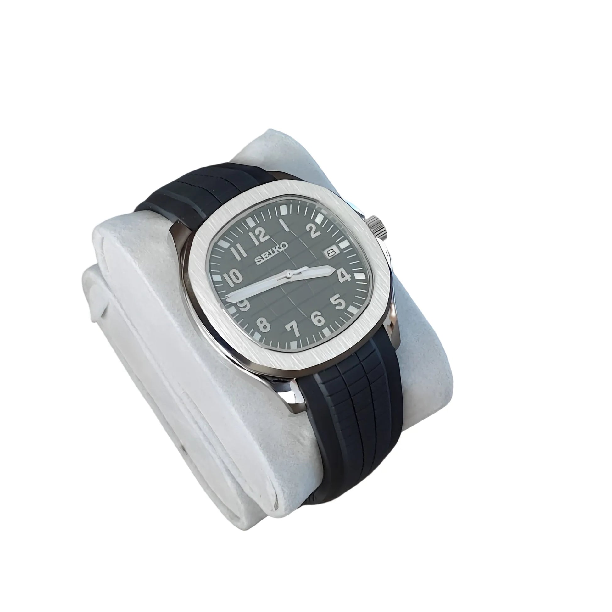 Seiko Aquanaut watch with 40mm silver stainless steel case, black dial, white numerals, and black rubber strap.