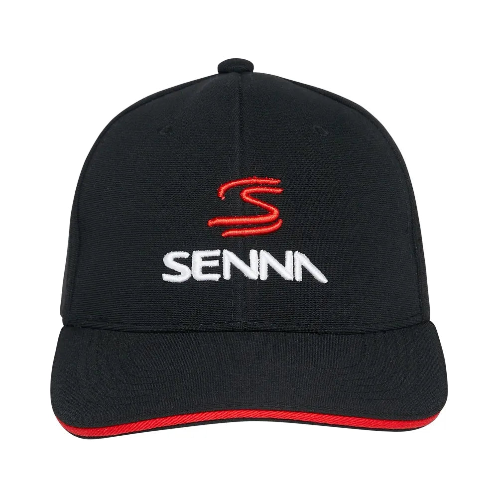 Black cap with red trim on brim, featuring red "S" and white "SENNA" embroidered logo on front.