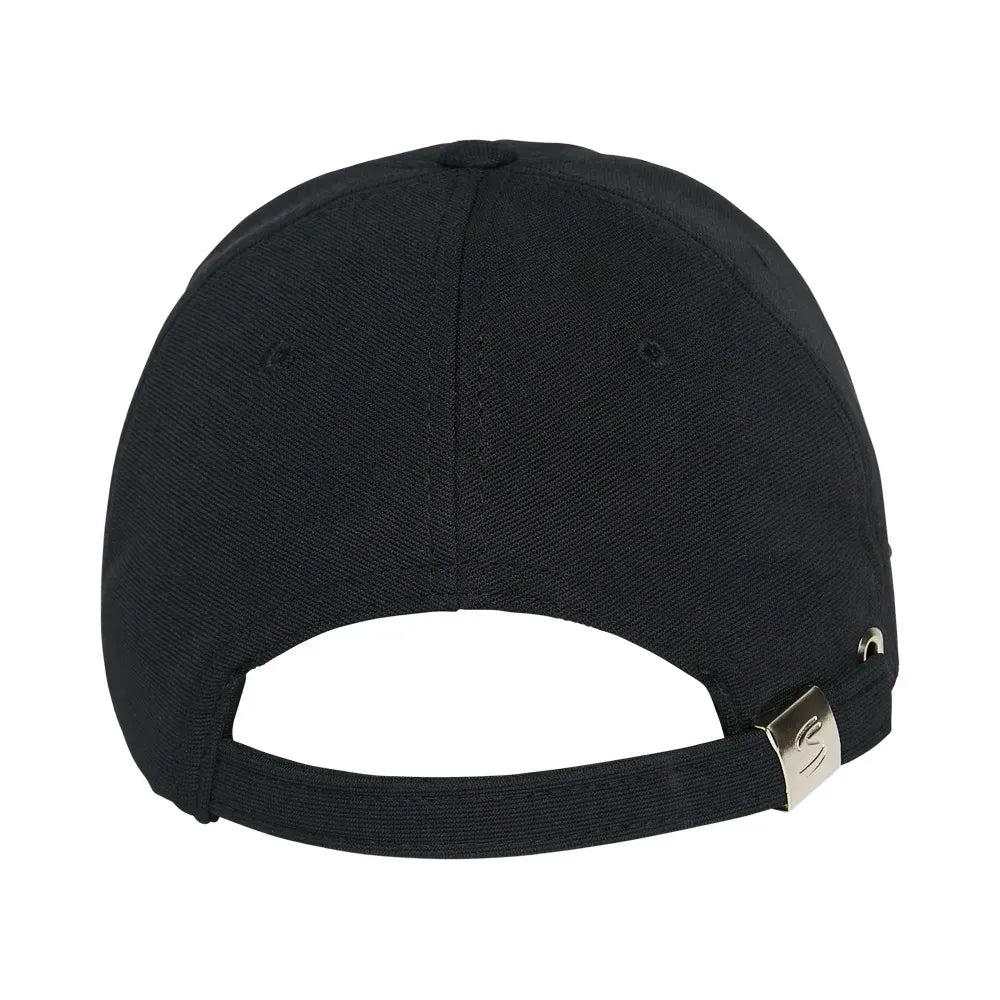 Black adjustable baseball cap with curved brim and metal clasp strap at the back.