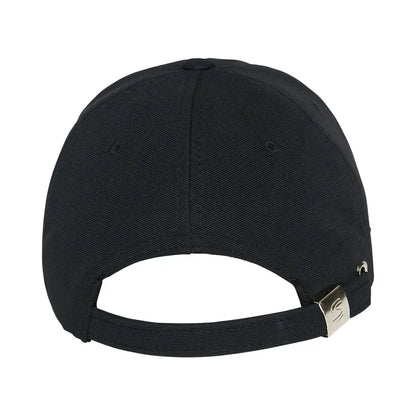Black adjustable baseball cap with curved brim and metal clasp strap at the back.