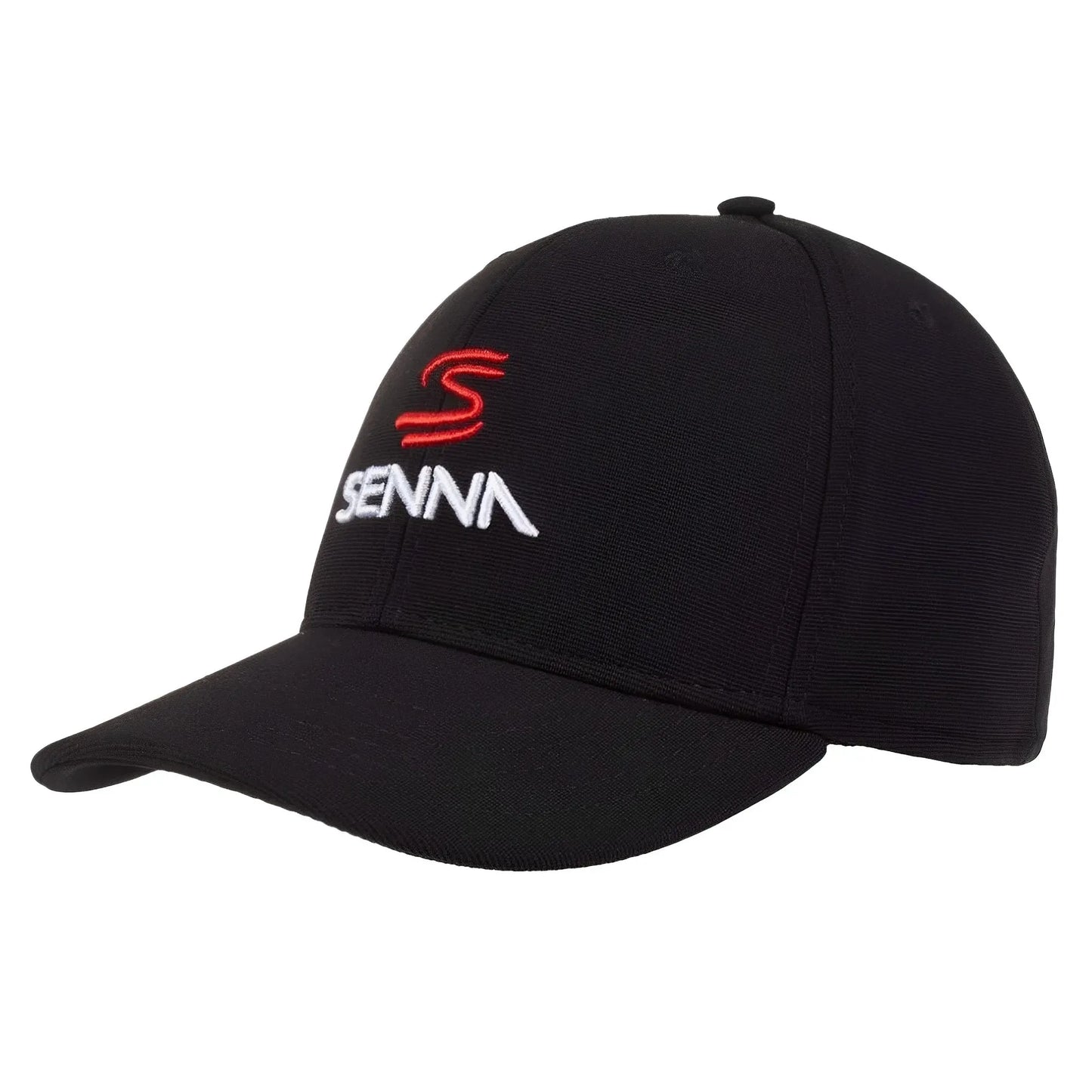 Black baseball cap with red and white Ayrton Senna logo embroidered on front.
