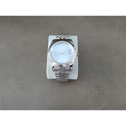 Seiko stainless steel watch with 39mm fluted bezel, ice blue dial, chromed Arabic numerals, and metal link bracelet.