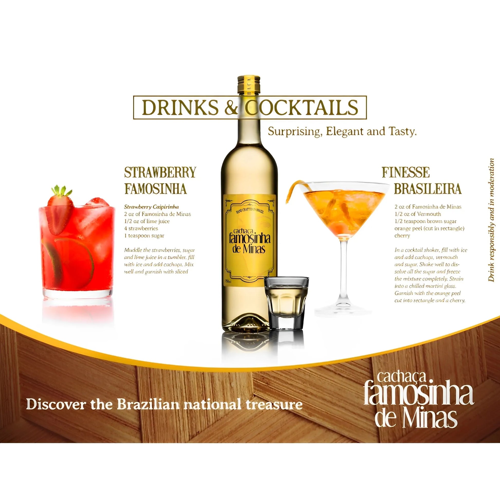 Cachaca Famosinha De Minas 700ml bottle with strawberry cocktail and orange cocktail on white background.