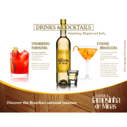 Cachaca Famosinha De Minas 700ml bottle with strawberry cocktail and orange cocktail on white background.