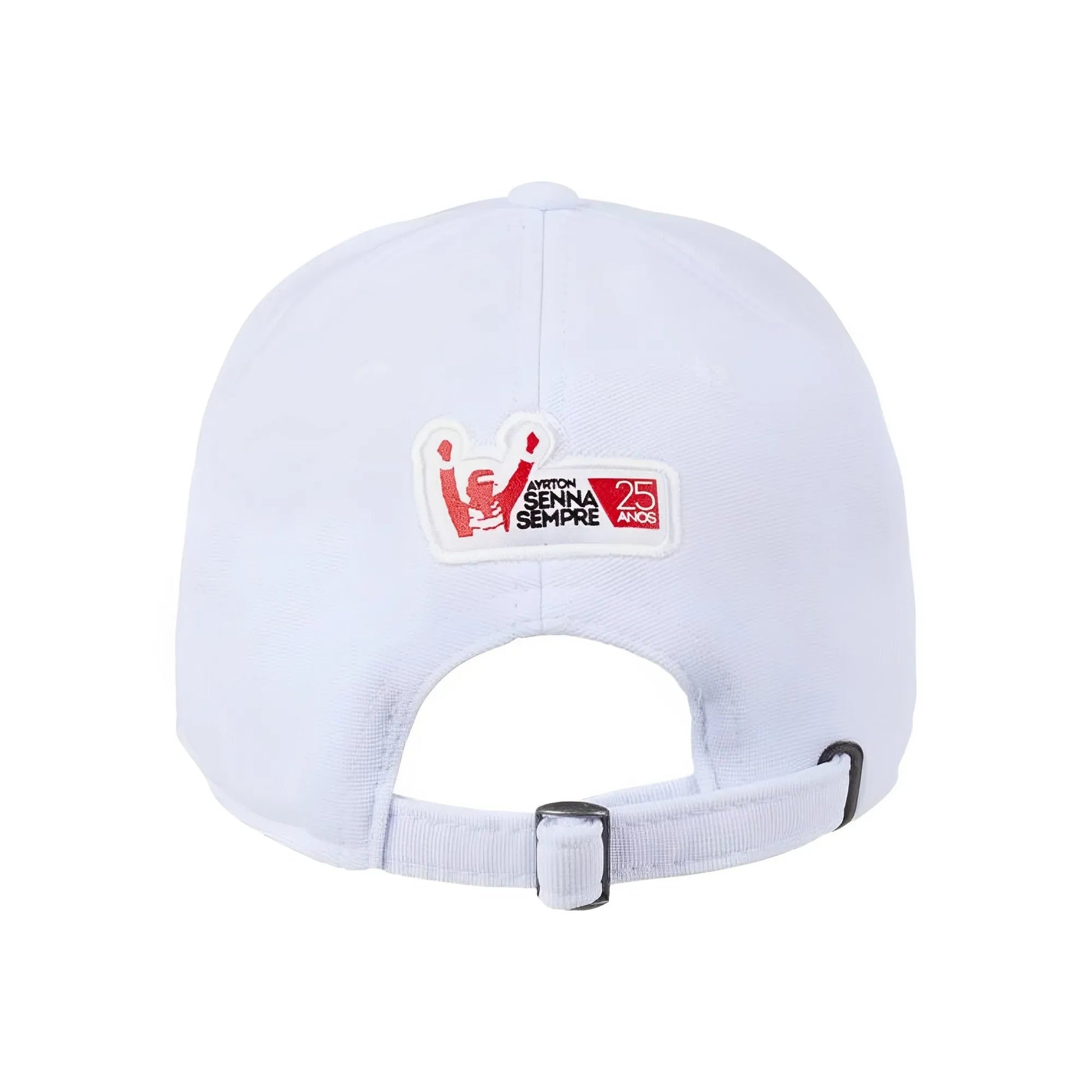 White cap with adjustable strap and embroidered red, black, and white Ayrton Senna logo on the back.