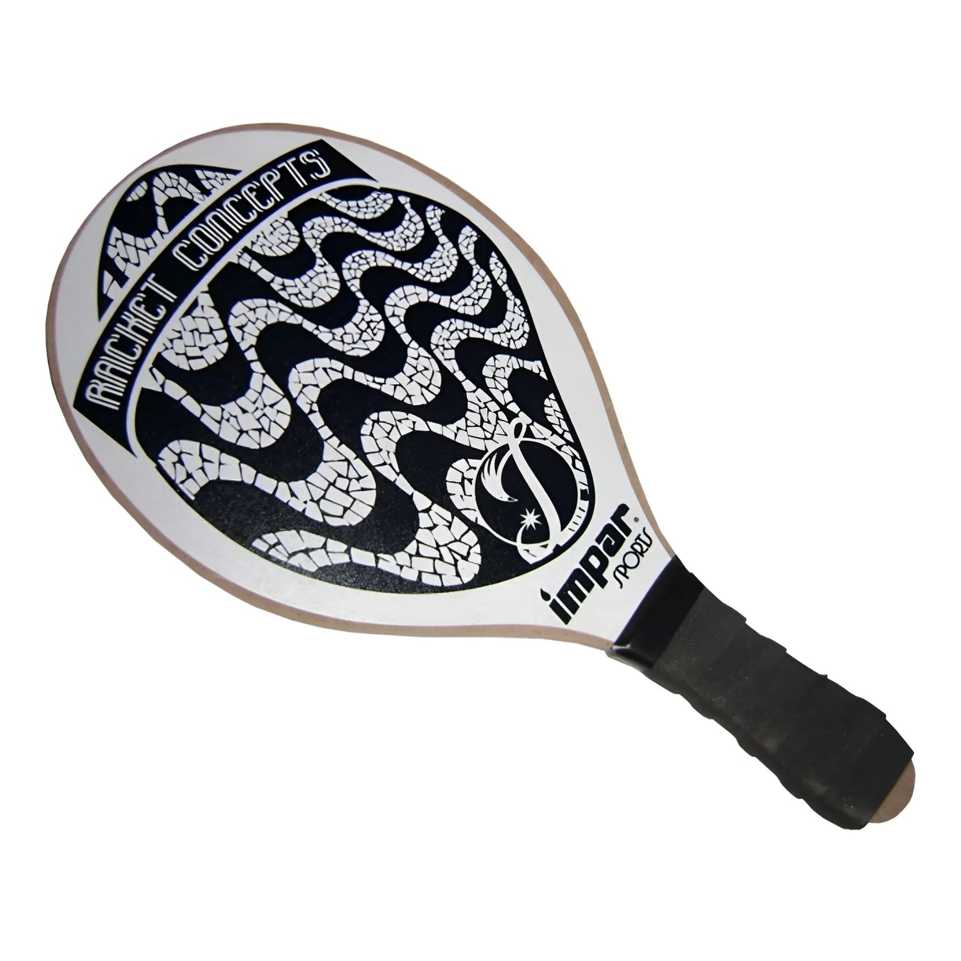 Black and white paddleball paddle with wavy pattern and black grip handle.