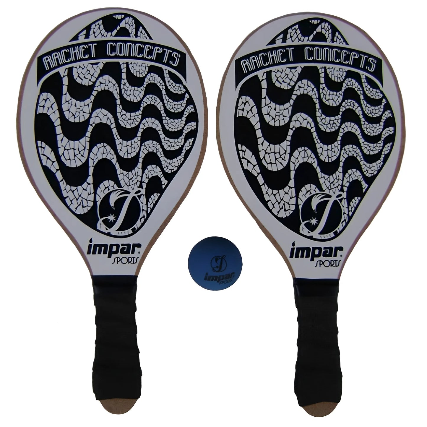 Pair of black and white Impar Sports Copacabana paddleball paddles with wavy pattern and blue ball.