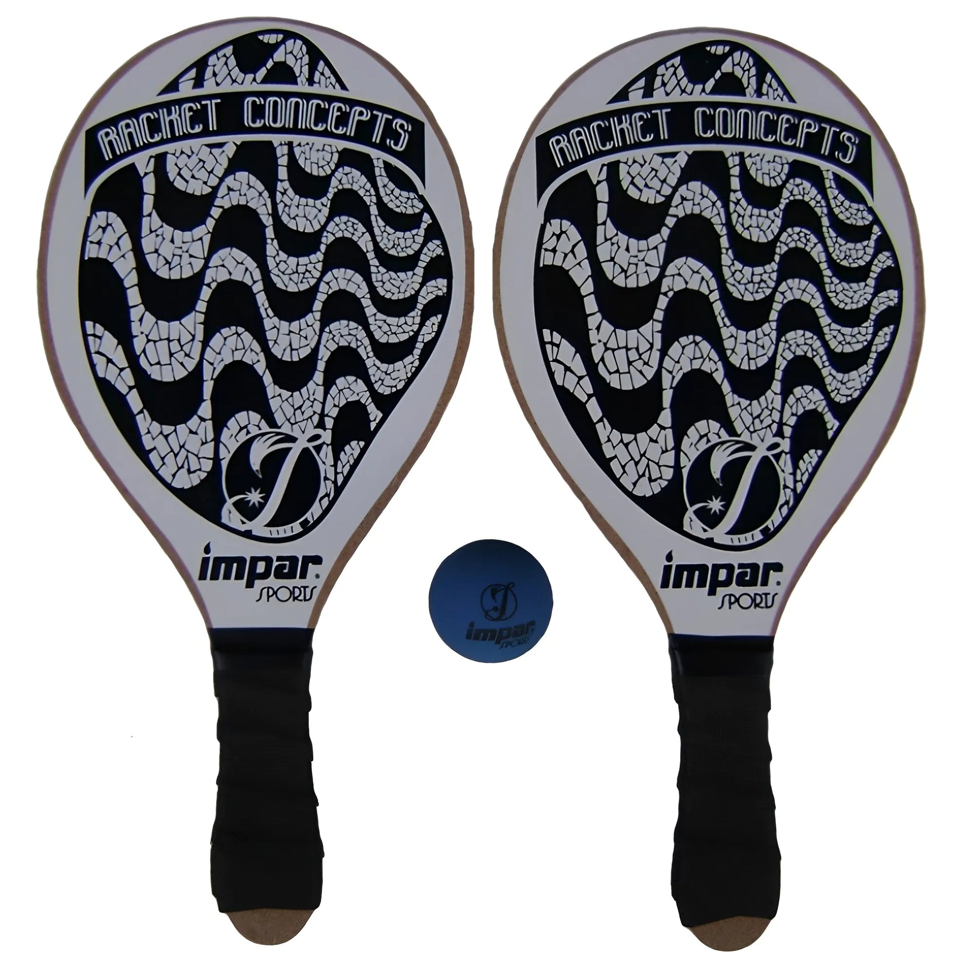 Pair of black and white Impar Sports Copacabana paddleball paddles with wavy pattern and blue ball.