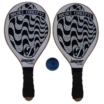 Pair of black and white Impar Sports Copacabana paddleball paddles with wavy pattern and blue ball.
