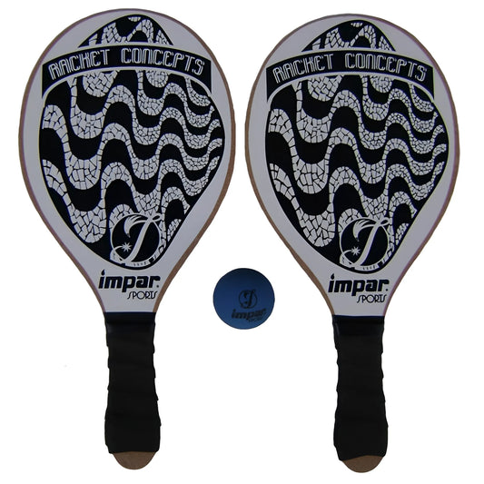 Pair of black and white Impar Sports Copacabana paddleball paddles with wavy pattern and blue ball.