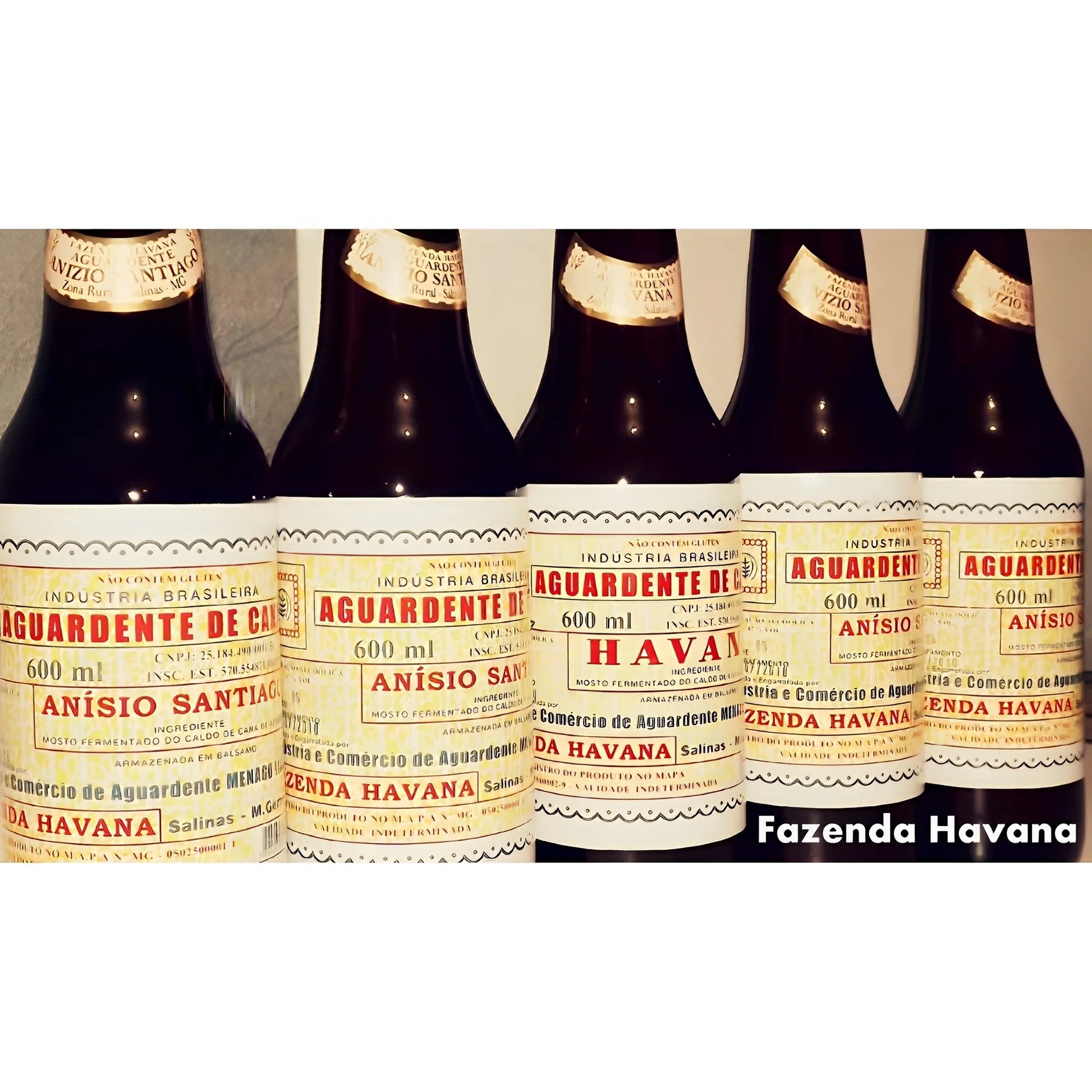 Five dark glass bottles of Cachaca Havana 600ml with white and red vintage labels and gold foil caps.