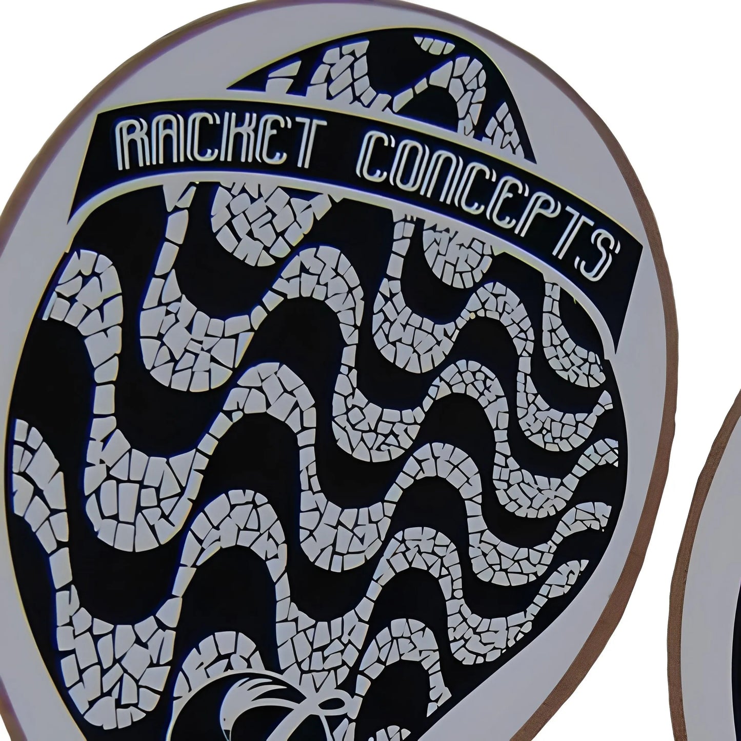 Round paddleball paddle with black and white mosaic wave pattern and "Racket Concepts" text on top.