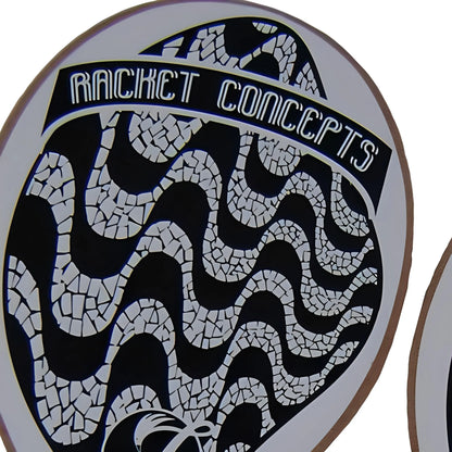 Round paddleball paddle with black and white mosaic wave pattern and "Racket Concepts" text on top.