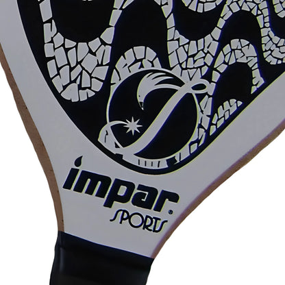 Close-up of Impar Sports Copacabana paddleball paddle with black and white mosaic design and logo.