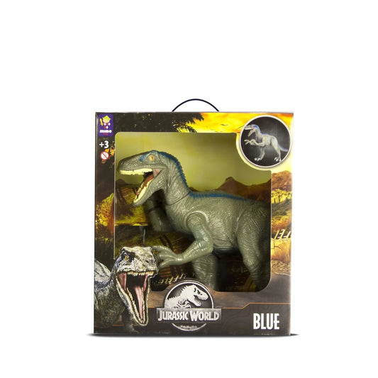 Articulated blue Velociraptor dinosaur figure from Jurassic World in display box with logo and character image.