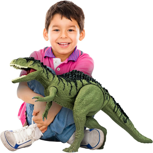Child holding large green and black articulated dinosaur figure with open mouth and textured skin.