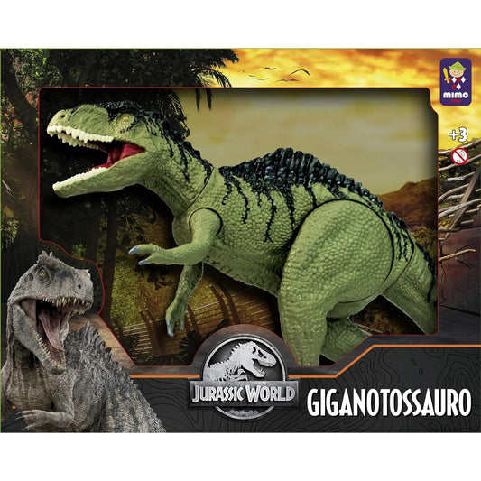 Green articulated Giganotosaurus dinosaur toy with black ridges on its back in Jurassic World packaging.