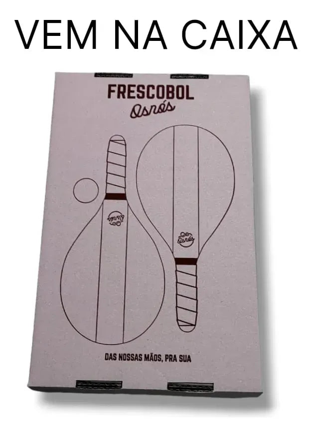 Osnós Frescobol paddle racket box with simple black line art on light pink background.